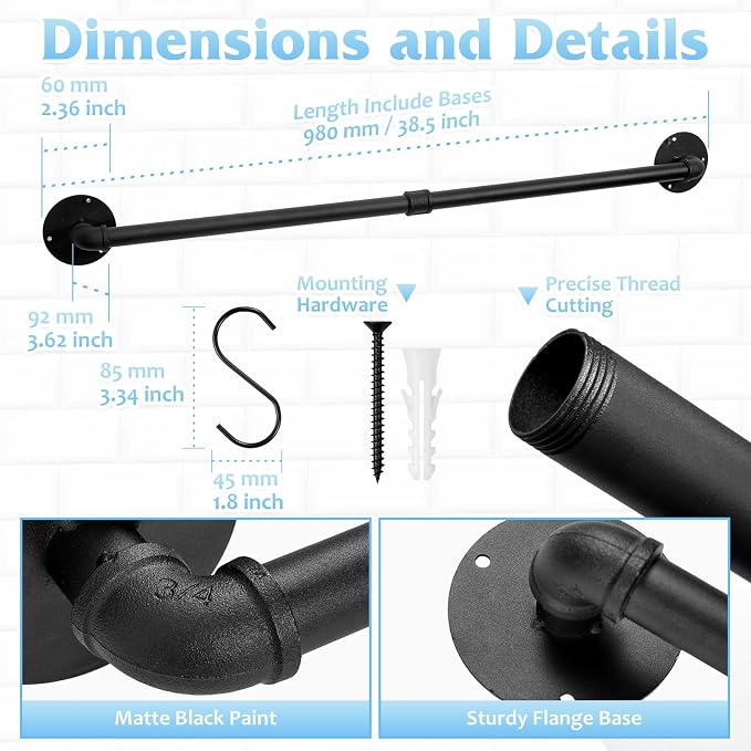 38.5 inch Pot Rack Wall Mounted Detachable Pan Rack Organizer Industrial Pipe Hanging Rail Lids Utensils Hanger Holder for Kitchen with 10 S Hooks, Black…