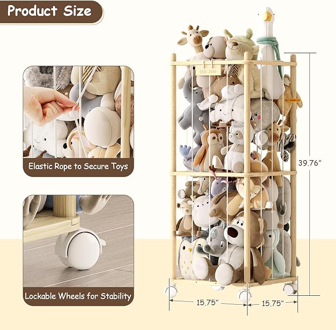 EXPERLAM Stuffed Animal Storage Zoo with Wheels,Montessori-Inspired Solid Pine Wood Plush Toy Organizer,Stuffed Animal Holder with Thick Elastic Cords for Kids Room,Nursery and Bedroom,Small