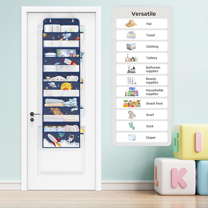 Clastyle Blue Space Over The Door Organizer Storage Planet Rocket 5 Shelves Closet Nursery Hanging Shelves Clothes Diaper Stuffed Animal Toy Storage for Newborn Baby Essential