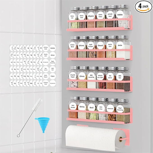 Magnetic Spice Rack with Jars Magnetic Spice Rack for Refrigerator 24 Spice Jars with Label Magnetic Shelves for Fridge 4 Pack Pink