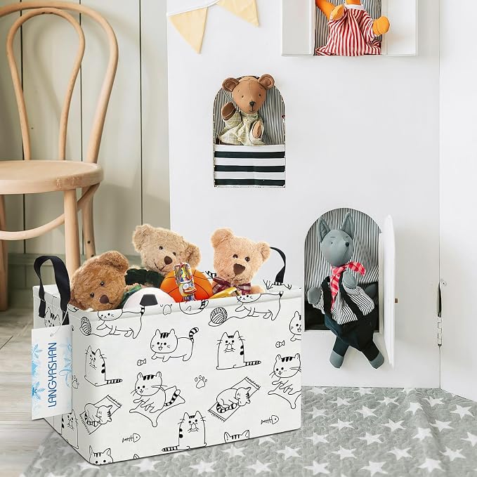 Rectangular Collapsible Cat Storage Basket Nursery Toy Organizer | Storage Bin Foldable Canvas with Handles for Organizing Home Kitchen Children Toys Office Closet Shelf Baskets