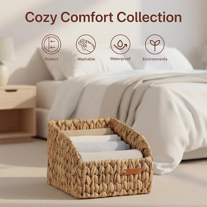 Water Hyacinth Wicker Baskets for Storage, Handwoven Rattan Shelf Basket with Open Front for Organizing Pantry Closet Wardrobe, 100% Natural Decorative Woven Organizer Bin for Cabinet, 2 Pack