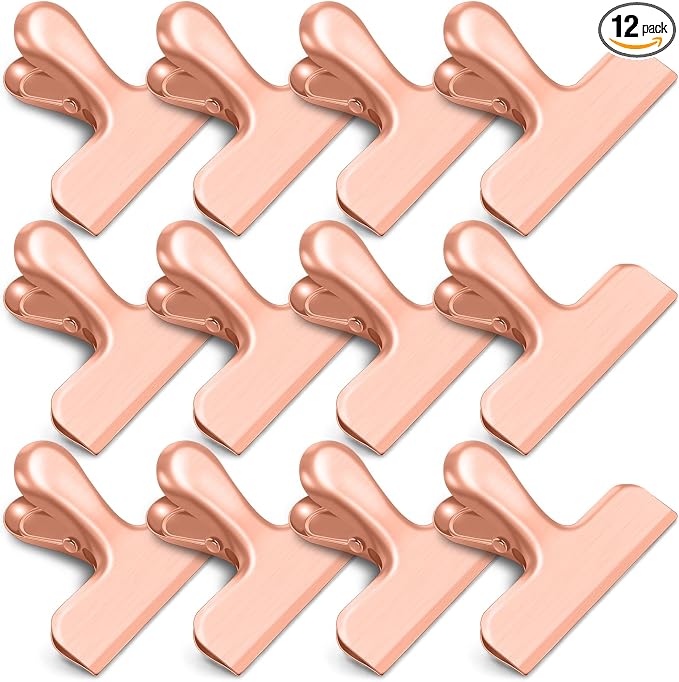 Chip Clips, 12 Pack Bag Clips, Stainless Steel Chip Clip, Metal Clip for Food, Air Tight Seal Great for Kitchen Home Office (Rose Gold)