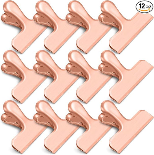 Chip Clips, 12 Pack Bag Clips, Stainless Steel Chip Clip, Metal Clip for Food, Air Tight Seal Great for Kitchen Home Office (Rose Gold)