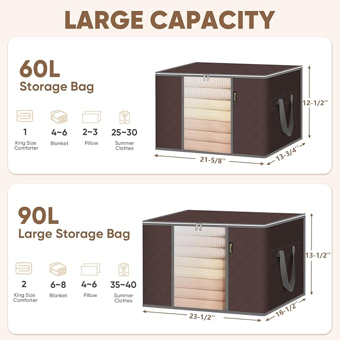 BALEINE 6 Pack Clothes Storage Bags, 24 Gallon Storage Containers with Reinforced Handle, Sturdy Zipper, Closet Organizer for Blanket, Comforter, Pillow, Bedding (Brown, 6 Pack)