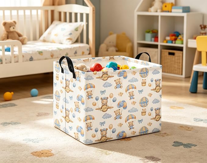 Rectangular Baby Kids Storage Basket for Home Kitchen Girls Cute Toy Storage Bin Organizer Shelf Book Room Decor(Bear Pilot)