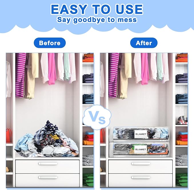 Kenning 20 Pcs Clear Zippered Storage Bags for Sheet Plastic Sweater Bag with Handle and Label Pocket Vinyl Stackable Closet Organizer Moving Bag for Bed Blanket Clothes Pillow(White,11 x 15 x 4 Inch)