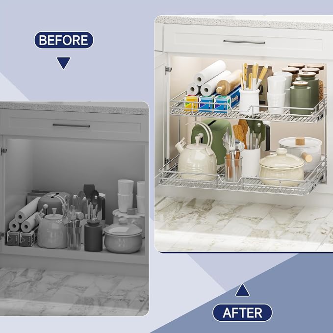 2-Tier Pull Out Cabinet Organizer, 28.5" W x 21.5" D, Heavy Duty Dual Slide Out Shelves for Wide Base Cabinets, Chrome Wire Basket Drawer for Pots, Pans, Pantry & Cleaning Supplies
