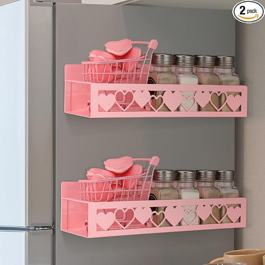 Beeveer 2 Pack Heart Magnetic Spice Rack for Refrigerator Metal Magnet Basket Shelf for Fridge Seasoning Storage Organizers Home Decor Kitchen Accessories (Pink)