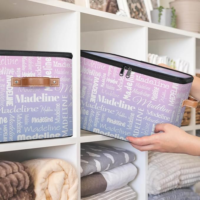 Custom Storage Basket with Name, Personalized Keepsake Box with Zipper Lid, Foldable Fabric Memory Bin Large capacity with Handle Pink Purple