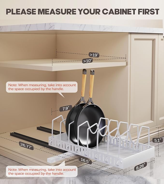 Lozovin Pull Out Pots and Pans Organizer Under Cabinet, Sliding Lid Holder and Pan Rack in Kitchen, Slide Out inside Cabinet Storage for Pot Lid, Bakeware, Dishes, 8 Adjustable Dividers, 2 Pack White