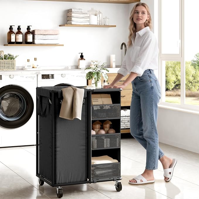 WOWLIVE Laundry Sorter with Wheels, 100L Rolling Laundry Hamper | Laundry Cart with Steel Frame, Laundry Basket with Hanging and Removable Bag, Storage Unit Basket Organizer for Dorm, Black