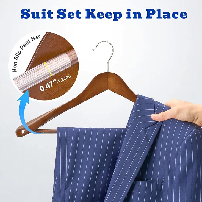 HOUSE DAY Wood Suit Hangers for Men, Smooth Wide Shoulder Wooden Hanger with Non Slip Pant Holder, Wide Hangers for Suits, Coats, Jackets, Heavy Wide Clothes Hanger 2 Pack, Walnut
