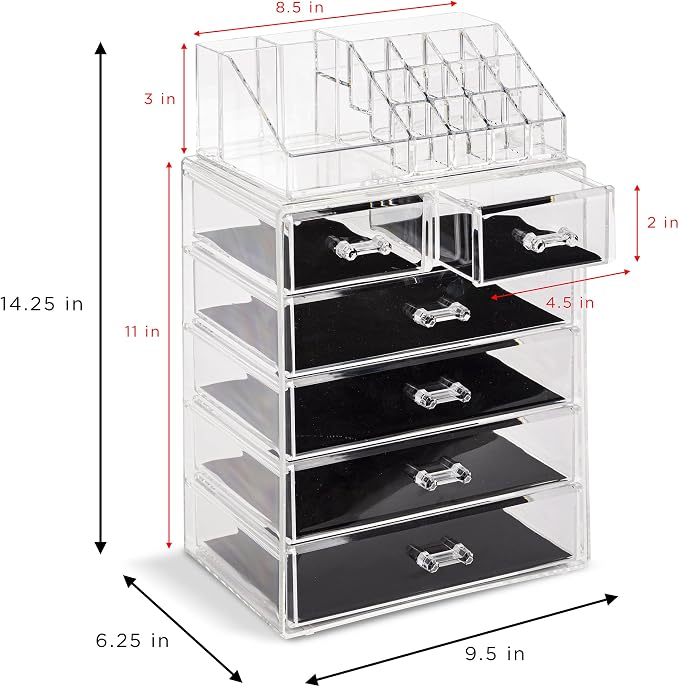 Sorbus Acrylic Makeup Organizer Set, 6-Drawer Vanity & Countertop Cosmetic Storage with Small & Wide Compartments, Clear Makeup Storage for Brushes, Jewelry – Holiday Gift for Women & Teens