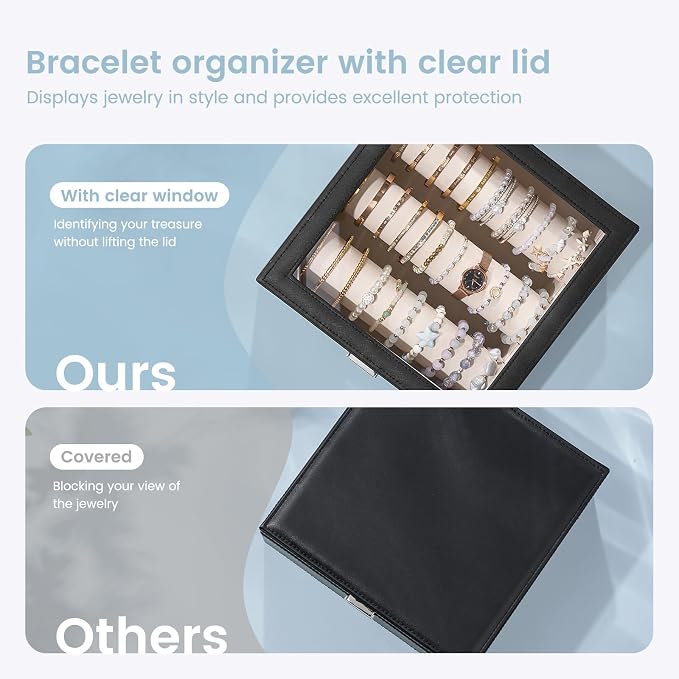 Lolalet Bracelet Display Holder with Rods for Bangles Watches, Clear Lid Jewelry Organizer Box Storage Case for Women Girls -Black, 3 Rolls