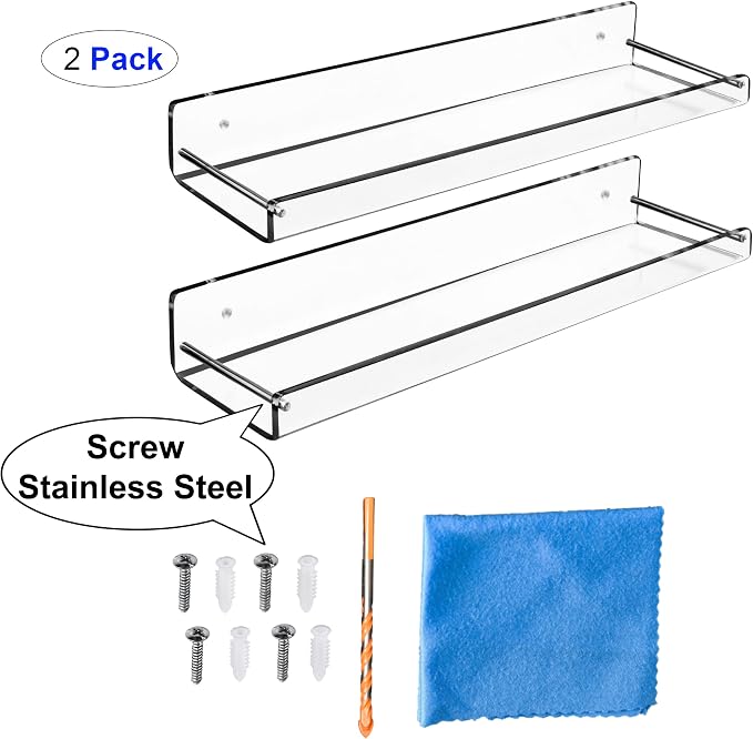 AMT 2 Pack Acrylic Bathroom Shelves 15 Inch Clear Floating Wall Mounted Storage Bookshelf, Invisible Display for Office, Bedroom, Small Gap for Water to Escape, Free Screws & Drill Bit (Medium)