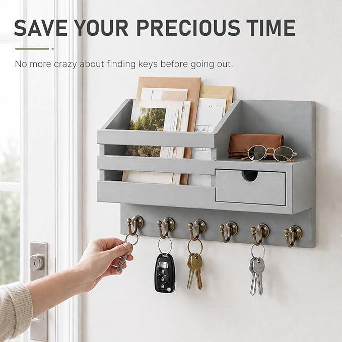 FifthQuarter Key and Mail Holder for Wall, Mail Organizer Wall Mount with 6 Hooks and Storage Drawer, Easy Installation Key Rack for Entryway and Home Decor (A-Grey)