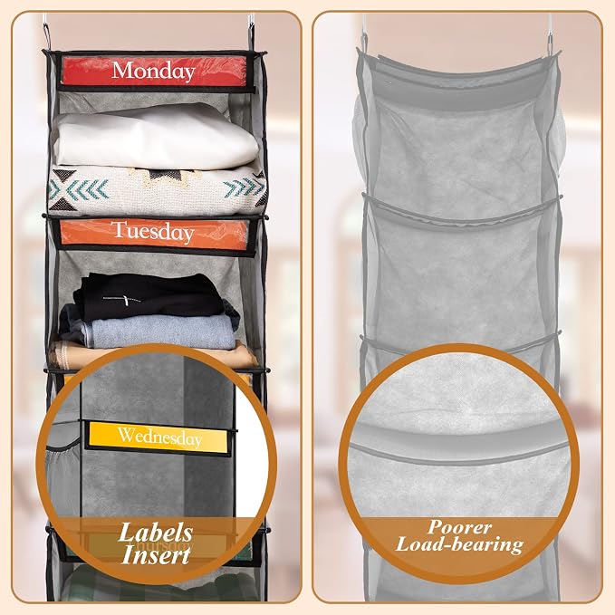 Amylove 2 Pack 6 Shelf Weekly Clothes Organizer for Kids with Side Pocket, 47 Inch Days of the Week Clothes Organizer, Monday to Friday Daily School Outfits Clothing Divider for Kids(Gray)