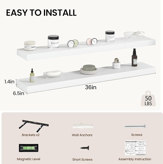 Vivelove 36 Inch Floating Shelves Wall Mounted for Display, 6.5 Deep Duty Shelves with Invisible Brackets for Living Room,Bedroom,Kitchen, Bathroom Storage & Decor,36" Wx6.5 Dx1.4 H - White