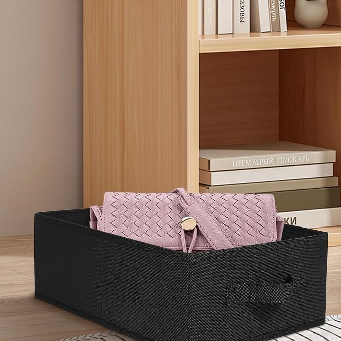 JAKAGO Fabric Storage Bins set of 4 Rectangle Storage Baskets with Handle Foldable Closet Organizer for Clothes Towel bedding Books Collapsible Clothing Container for Shelves Bedroom(Black Low)