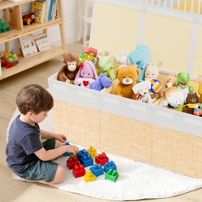 Dayacoco Extra Large Toy Box Chest with Lids, Collapsible Sturdy Kids Toy Storage Organizer Boxes for Boys Girls, Collapsible Sturdy Toys Chest Storage Organizer Bin Basket, Beige