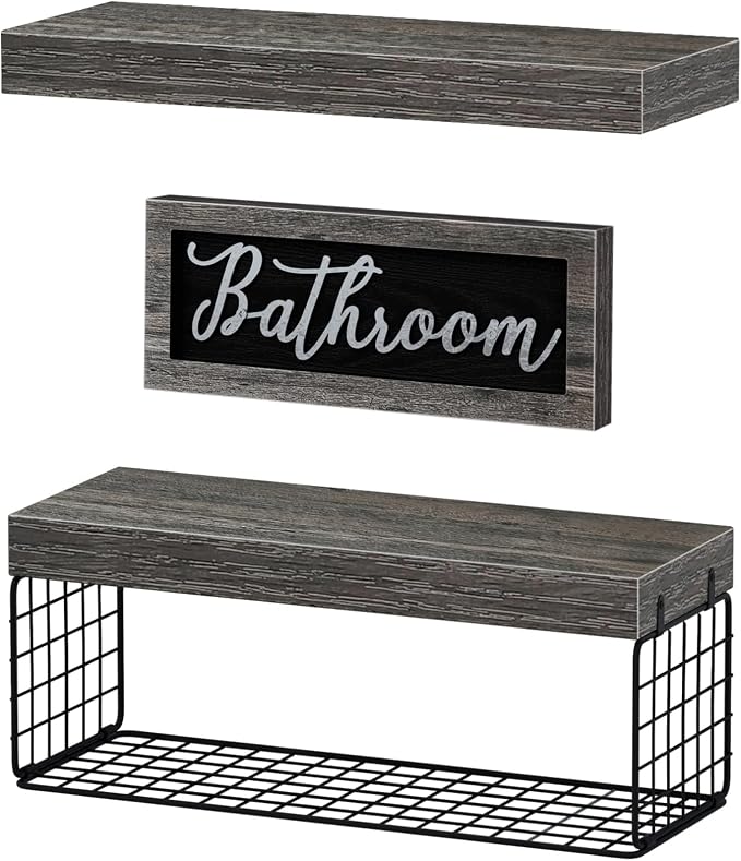 QEEIG ‎Bathroom Shelves Over Toilet - Paper Storage Wall Mounted Farmhouse Decor Decorations Aesthetic Décor Sign Small Floating Shelf 2+1 Set 16 inch, Grey (020GY)