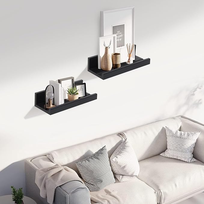 Muzilife 12" Small Floating Shelves Wood Wall Shelf with Lip, 4Pcs, Black | FSC-Certified Wood | 20 lbs Capacity | Space-Saving | Hanging Shelf | Wall Decor| Bedroom,Living Room,Bathroom,Kitchen,Office