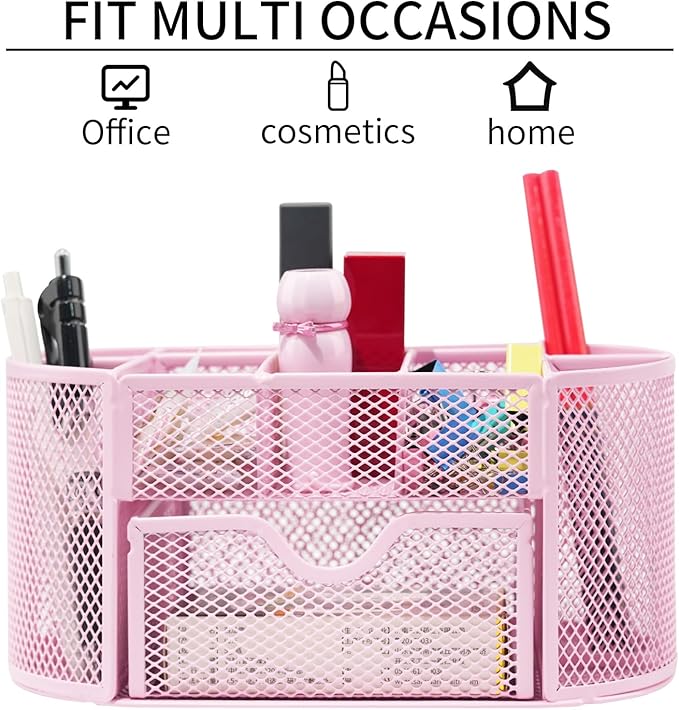 Newkita Desktop Organizer with Pencil Pen Holder and Accessories Offering 8 Compartments and 1 Drawer for Home, School and Office. (Cherry Blossom Pink)