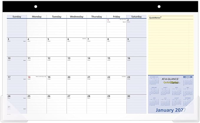AT-A-GLANCE 2027 Desk Pad Calendar, Monthly Desk Wall Planner, 13-Month Jan-Jan, 18" x 11", QuickNotes (SK7100027)