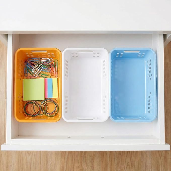 Jucoan 12 Pack Classroom Storage Baskets, Colorful Small Plastic Organizer Basket Bin, Pen Pencil Crayon Storage Tray for Home Office School Desktop, Drawers, Shelves, 4 Colors, 8.5 x 5.5 x 3 Inch