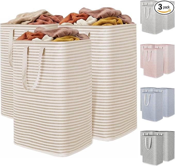 Lifewit 3 Pack Laundry Basket 80L Each, Collapsible Clothes Hamper with Reinforced Handles, Freestanding Waterproof Design for Bedroom and Laundry Room, Beige 240L Total