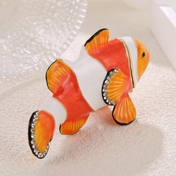 Hand Painted Animal Trinket Box for Home Decor, Hinged Jewelry Organizer Storage, Unique Personalized Collectible Keepsake Figurine Handmade Decorative Ornament Gifts (Clownfish)