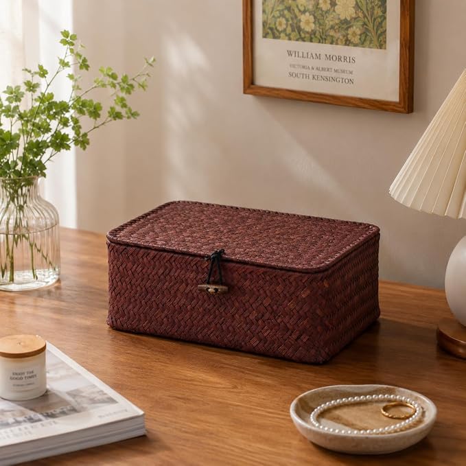 Wicker Basket with Lid, Natural Seagrass Storage Baskets for Organizing, Woven Basket for Storage, Decorative Boxes Bins with Lids Home Organizer Decor (Red, 9.05" x 5.11" x 3.34")