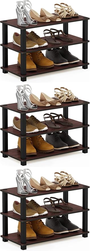 Furinno Turn-S-Tube 3-Tier Shoe Rack, Dark Cherry/Black (Pack of 3)