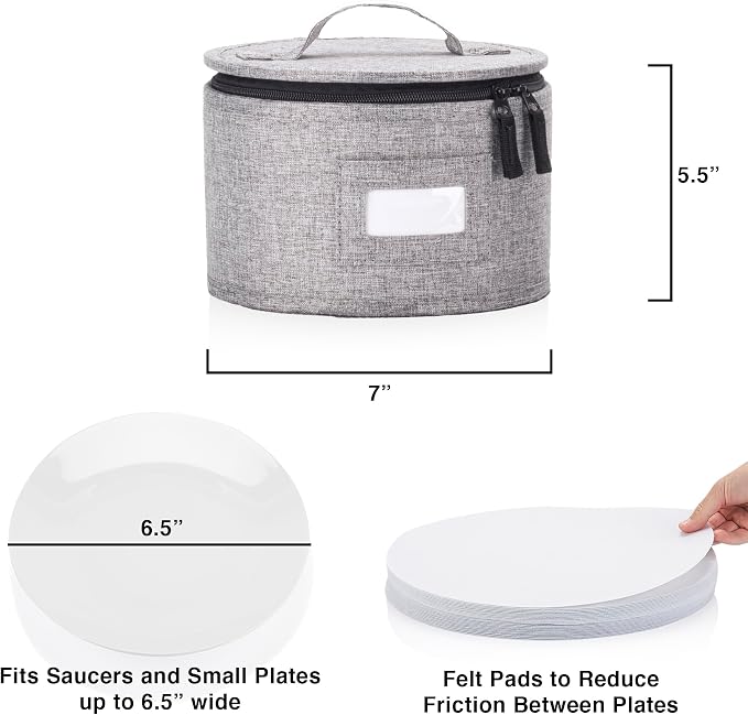 China Storage Container for Saucer, Bowls, and Appetizer Plates - Fit dishes up to 6.5" W - Includes 12 Felt Dividers - Stackable with Hard Shell on all sides and Interior Quilted Padding
