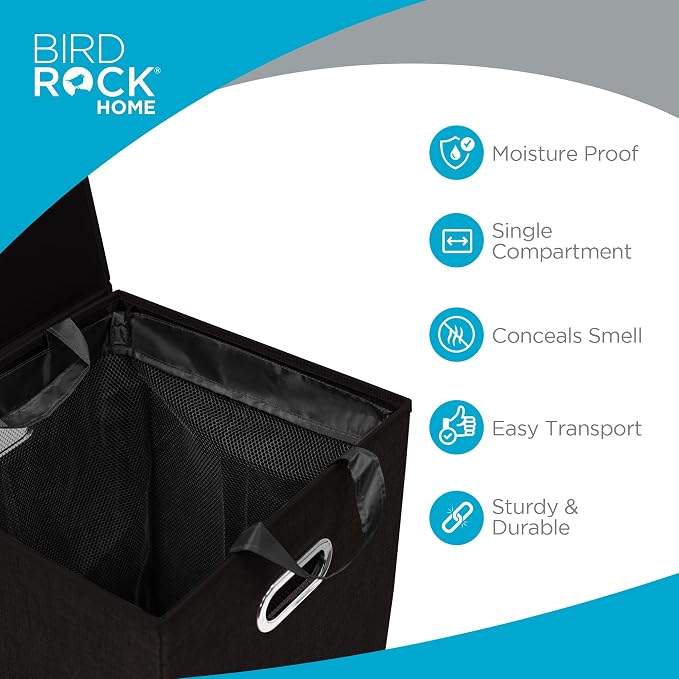 BIRDROCK HOME Single Laundry Hamper with Lid and Removable Liner | Linen | Easily Transport Laundry | Foldable Hamper | Cut Out Handles