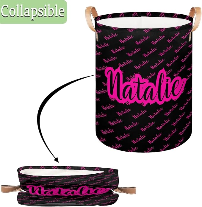 Personalized Laundry Basket, Custom Gift Laundry Hamper, Collapsible Nursery Waterproof Laundry Baskets, Dirty Clothes Toy Hamper with Handles Name Black Hot Pink