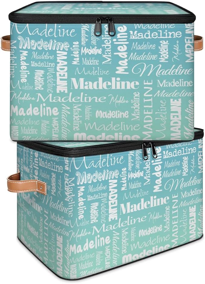Custom Storage Basket with Name, Personalized Keepsake Box with Zipper Lid, Foldable Fabric Memory Bin Large capacity with Handle Grey Blue Green