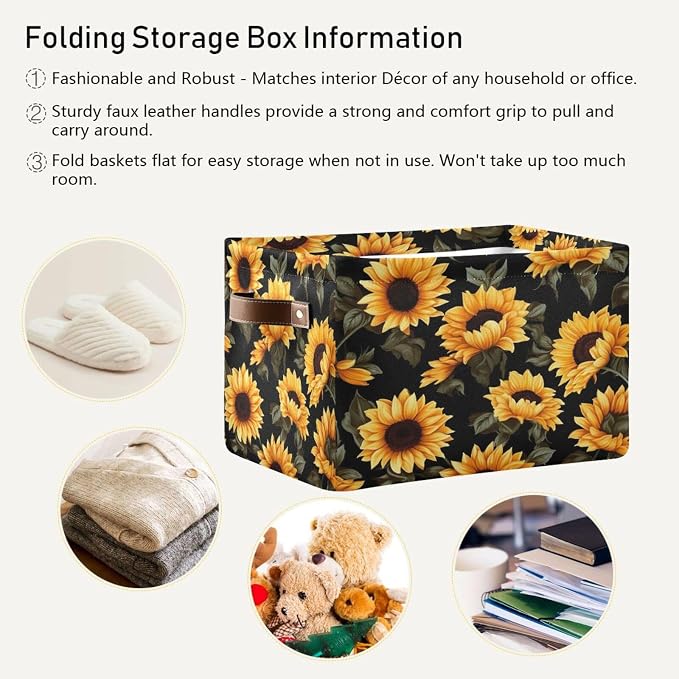 STAYTOP Large Storage Basket Collapsible Storage Bins Waterproof Laundry Basket with Handle.Used for Home Closets, Offices, Bedrooms-Beautiful Sunflower (1Pcs)