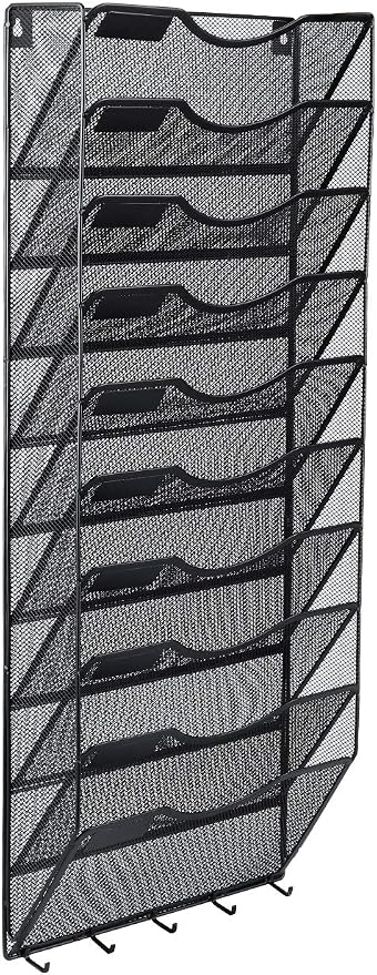 EasyPAG 10 Pocket Mesh Wall File Organizer with Key Hooks, Hanging Paper Folder Holder with Classify Label, Vertical Wall Mount Mail Organizer for Office Home Classroom, Black