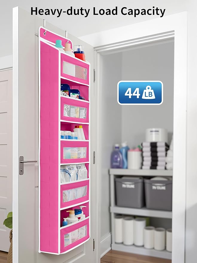 JARLINK Over The Door Organizer Storage, 5 Shelf Hanging Door Organizer with 5 Large Capacity Pockets, Anti Tilt 44 lb Load Behind Door Storage for Bedroom, Bathroom, Pantry, Nursery, (Pink)