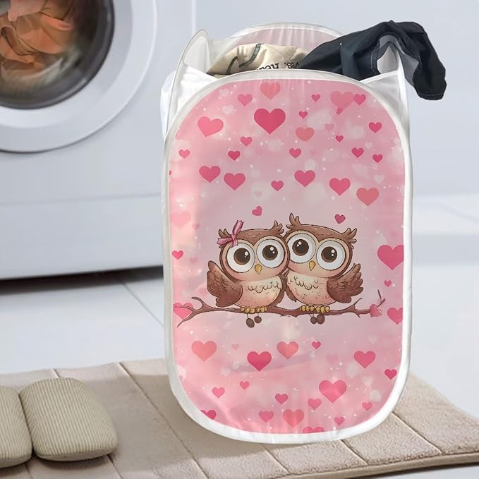 AFPANQZ Popup Laundry Hampers with Mesh Pocket Collapsible for Storage, Love Heart Owl Easy to Open Folding Pop Up Clothes Hampers 61L,13.5x13.5x21 inches