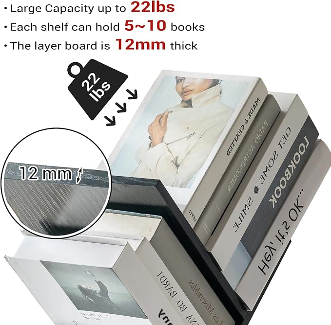 3 Tier Small Tree Bookshelf Black Floating Book Shelves for Wall, Unique Hanging Bookshelf Small for CDs/Magazine/Books Display, Desktop shelf Floor Standing Mini Bookcase for Bedroom, Living Room