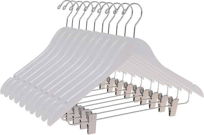 Quality Wooden Skirt Hangers with Clips, 10-Pack Smooth Solid Wood Pants Hangers with Durable Adjustable Metal Clips, Swivel Hook, Coat, Jacket, Blouse Suit Hangers (White, 10)