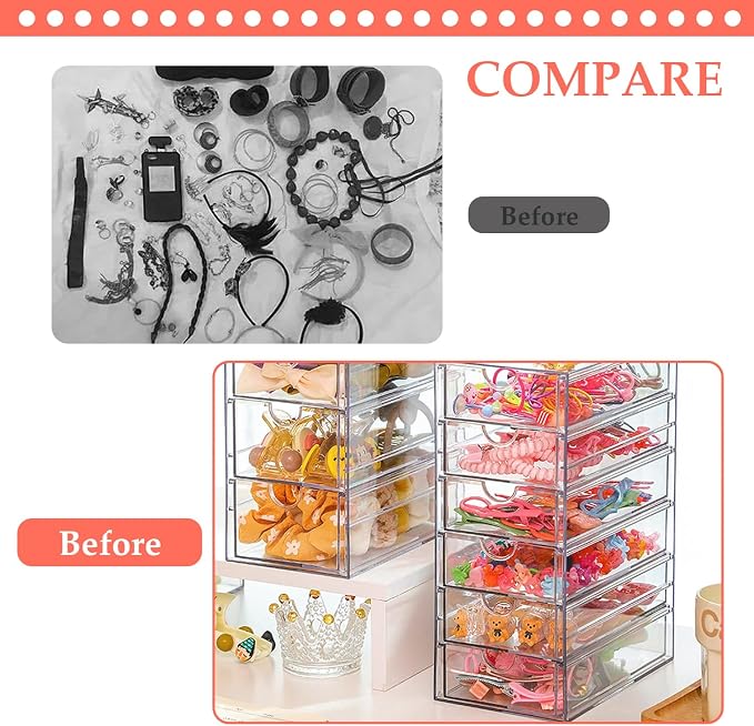 Clear Hair Accessories Storage Drawer Hair Tie Storage Organizer Acrylic Makeup Organizer Jewelry Organizer Scrunchie Holder with 5 Drawers for Bathroom Closet Desk Office Vanity, Undersink