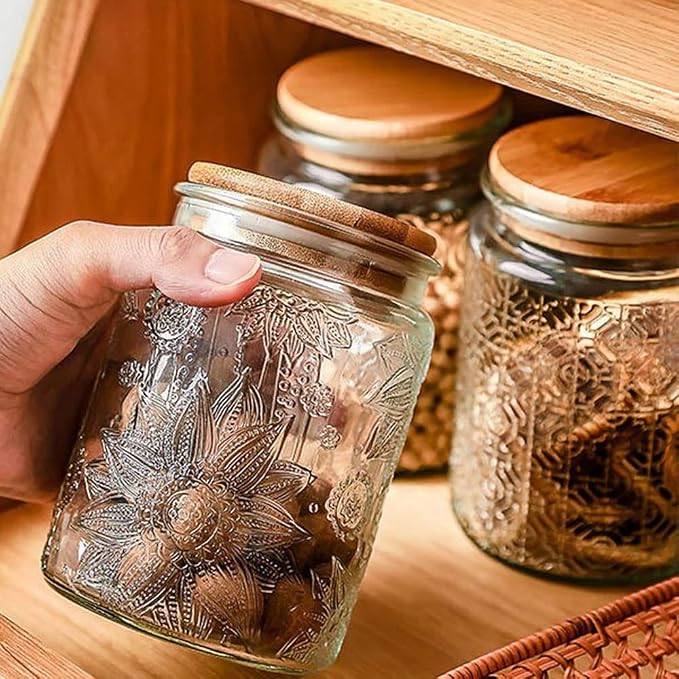 ANSQU Vintage Glass Jar with Lid, 23.7oz Airtight Glass Food Storage Container for Kitchen Counter, Pantry, Decorative Jar for Coffee, Tea, Sugar, Cute Jar