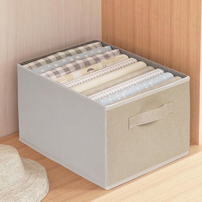 JAKAGO Fabric Storage Bins set of 4 Rectangle Storage Baskets with Handle Foldable Closet Organizer for Clothes Towel bedding Books Collapsible Clothing Container for Shelves Bedroom(Beige High)