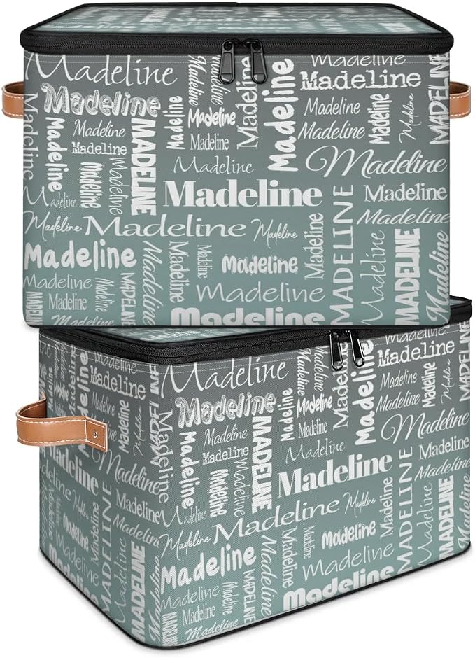 Custom Storage Basket with Name, Personalized Keepsake Box with Zipper Lid, Foldable Fabric Memory Bin Large capacity with Handle Gradient Grey Green