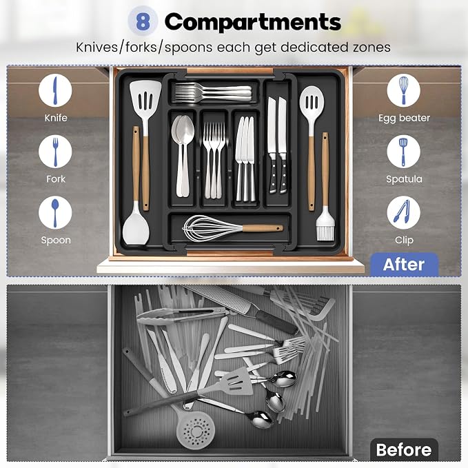 Caperci Large Silverware Organizer for Kitchen Drawer & Utensils - Expandable Drawer Organizer for Cutlery, Flatware & Gadget, BPA-Free Thick Plastic, Wider Compartments & Non-skid Feet (Black)