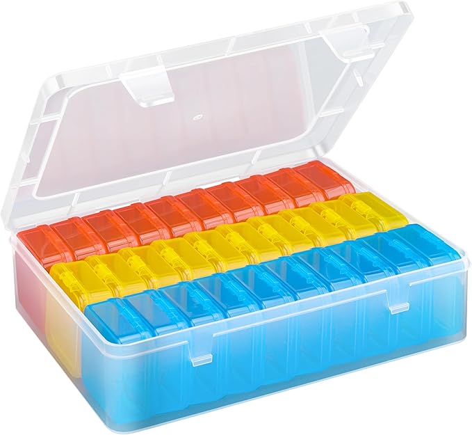 Mathtoxyz Bead Organizer Box(Red,Yellow,Blue), 30Pcs Small Bead Organizers and Storage Plastic Cases Mini Clear Containers Boxes with Hinged Lid and Rectangle for Bracelet Making DIY Jewelry Craft